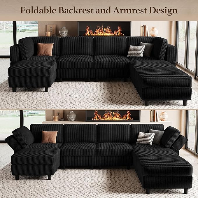 114.2" Modular Sectional Sofa with Deep Storage Seat,Corduroy 7 Seat U Shaped Sofa Couch,Modular Sofa Couch with Movable Ottoman Chaise,Upholstered Sectional Couches for Living Room,Black