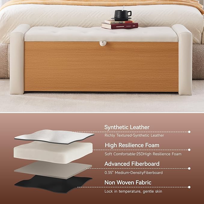 48" Large Storage Ottoman Bench, Faux Leather Upholstered Bed Bench with Button Tufted, End of Bed Ottoman with Safety Hinge for Bedroom, Living Room, Window，or Entryway, Beige Shoe Storage Chest