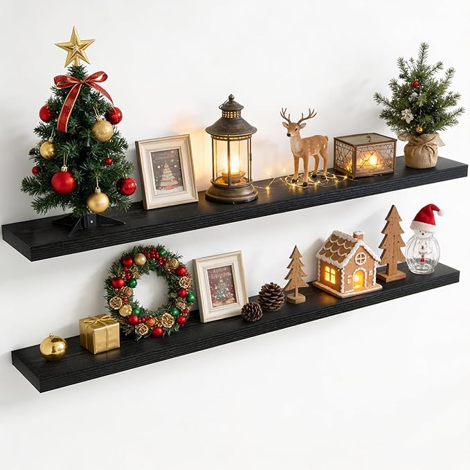 72 Inch Floating Shelves for Wall, 8 Inch Deep Floating Shelf for Storage & Display, Rustic Wall Mounted Shelf with Invisible Brackets for Living Room, Kitchen, Bathroom, Home Decor, Set of 2, Black