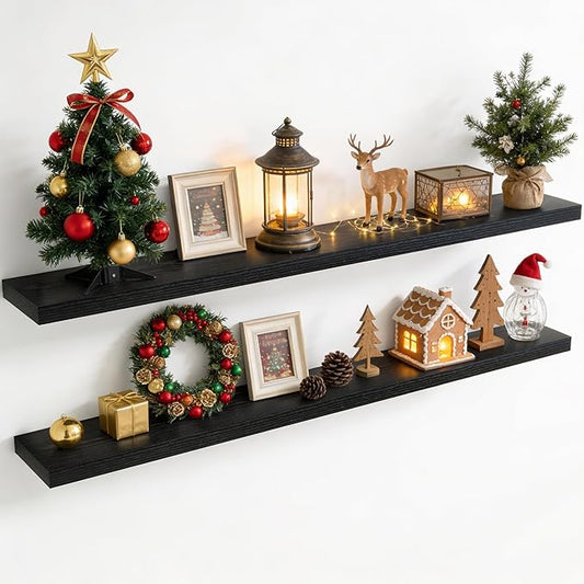 72 Inch Floating Shelves for Wall, 8 Inch Deep Floating Shelf for Storage & Display, Rustic Wall Mounted Shelf with Invisible Brackets for Living Room, Kitchen, Bathroom, Home Decor, Set of 2, Black