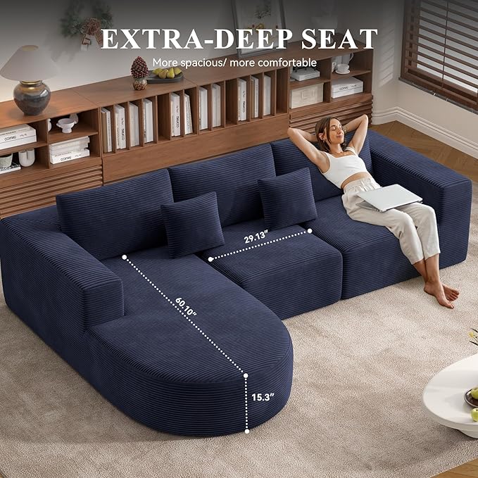 Modular Sectional Sofa with L-Shape Chaise,Cloud Sectional Modern Sleeper Couch with Deep Seat,Sponge Compression Sofas No Assembly Required (Blue-Corduroy Fabric) 1PCS