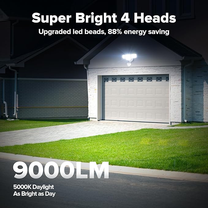 LUTEC 80W 9000LM LED Security Lights Motion Sensor Outdoor Lights, 4 Head LED Flood Lights Outdoor 5000K Daylight, IP65 Waterproof, Motion Detected Lights for Outside, Garage, Yard (White) - 2 Pack