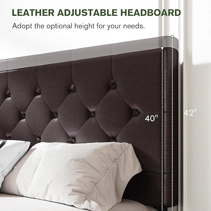 MUTICOR Full Size Bed Frame with 4 Storage Drawers, Upholstered Platform Bed with Button Tufted Adjustable Headboard, No Box Spring Needed, Easy Assembly, Diamond Tufted, Brown Leather