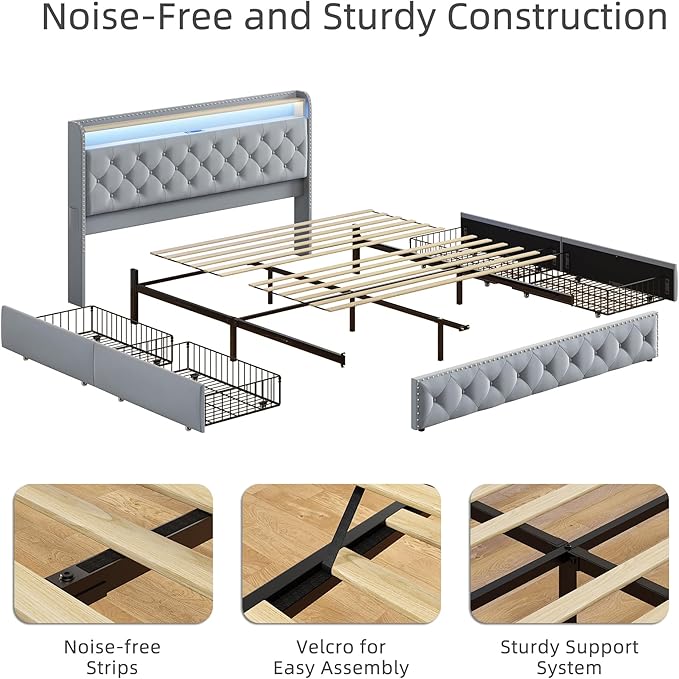 BRELTAM King Size Bed Frame with 4 Storaged Drawers,Upholstered Velvet Tufed Bed Frame with LED Light and Charging Station,Platform Bed Frame with Headboard Heavy Duty Wood Slats,Bluish Grey