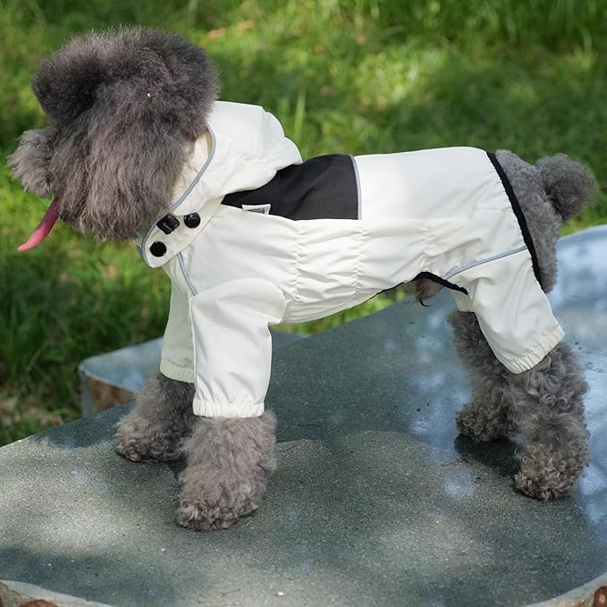 LOVELONGLONG Waterproof Dog Raincoat with Removable Hood – Outdoor Full Body Dog Jacket, Windproof Snowproof Shell Suit – All Season Pet Rain Gear Ivory XL