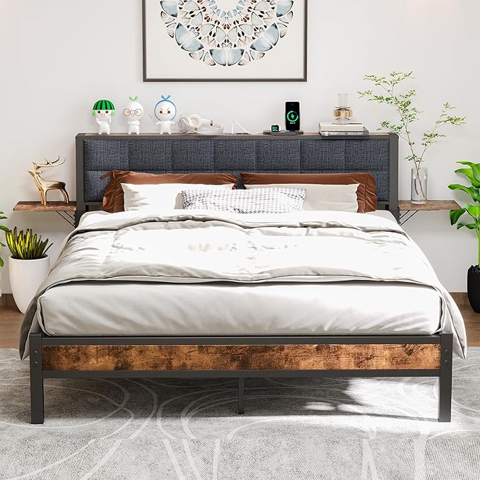 Queen Metal Bed Frame with Ergonomic Upholstered Headboard and Charging Station, Platform Bed Frame with Storage Shelves, Heavy Duty Metal Slats, No Box Spring Needed, Brown+Grey