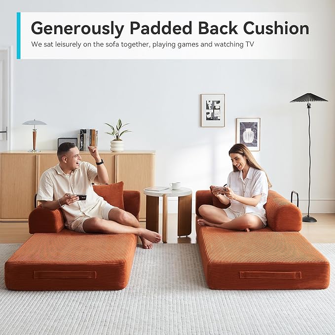 Convertible Sleeper Sofa Bed with Cylindrical Pillow, Modern Corduroy Futon Bed, Modular Sofa with Pull-Out Bed, Love Seat Sleeper for Living Room, Small Space Apartment, Office (Orange)