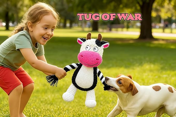 Dog Toy with Rope Arms Dairy Cow, Squeaky Interactive Pet Toy, Purple, for Small & Medium Dogs