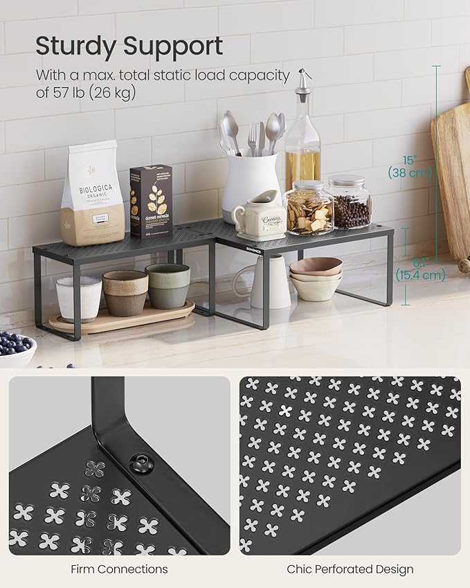 SONGMICS Spice Racks, Set of 2 Metal Cabinet Shelf Organizers, Countertop Organizers, Shelf Risers, Stackable, Expandable, Ink Black UKCS005B01