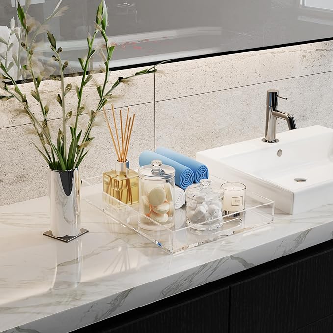 16"x12" Large Acrylic Serving Tray Decorative Ottoman Coffee Table Vanity Tray Tea Fruit Platter Snack Appetizer Dessert Drink with Handles for Bar Kitchen Party, Clear