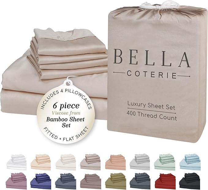 Bella Coterie 6 Piece Luxury Bamboo Viscose King Size Sheet Set | 100% Organically Grown | Cooling for Hot Sleepers | 18" Deep Pocket | Soft & Hypoallergenic | 4 Pillowcases [Dune]