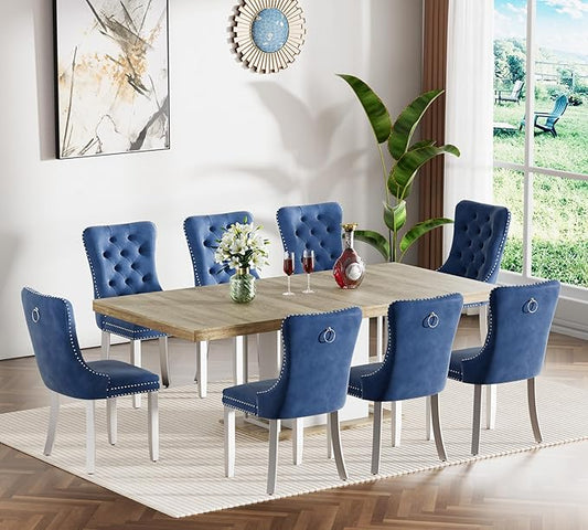 Goujxcy 78.7" Farmhouse Extendable Dining Room Table Set for 8, 9-Piece Rectangle Kitchen Dining Room Table Set with Wood Base and 8 Blue Velvet Dining Chairs, Extending Kitchen & Dining Table Set