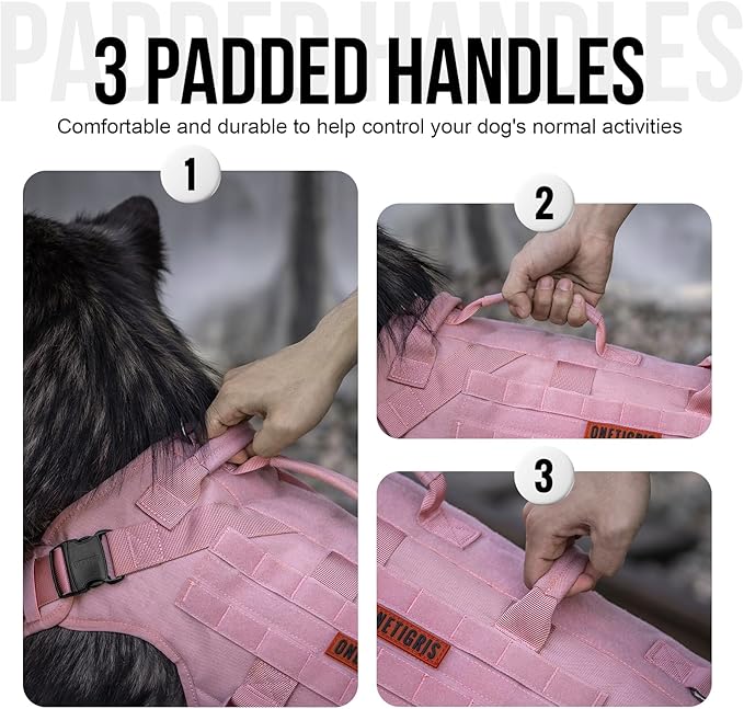 OneTigris Large Tactical Dog Harness, No Pulling Adjustable Dog Vest Harness, Heavy Duty Dog Harness with Handle, Large Hook and Loop Panels for Patch(Pink,M