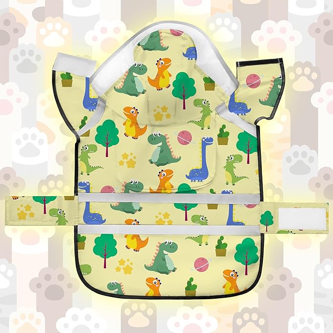Dog Raincoat, Adjustable Dog Rain Jacket with Clear Hooded Double Layer for Large Medium Small Dogs Puppies, Waterproof Rain Coat Poncho Dinosaurs, Yellow-S