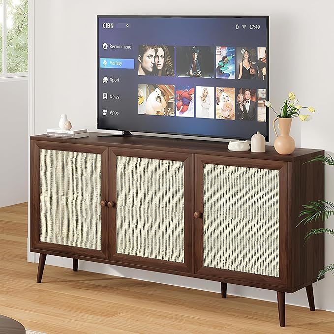 59" Rattan-Door Sideboard Cabinet with Shelf, 3-Door TV Stand Credenza Buffet with Generous Storage, Modern Accent Cabinet for Living Room & Kitchen, Walnut