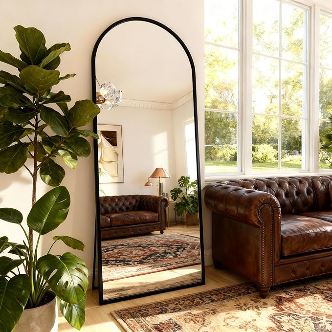 Arched Full Length Mirror,76" L x 34" W Floor Mirror, Aluminum Alloy Frame, Shatterproof Glass - Free Standing, Leaning or Wall Mounted for Bedroom, Living Room, Entryway, Modern Home (Black)
