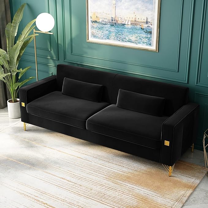 2PCS 85" Black Velvet Sofa Set,Modern Loveseat Couch with Pillows Set of 2 for Living Room,Bedroom,Apartment Furniture with Gold Metal Legs