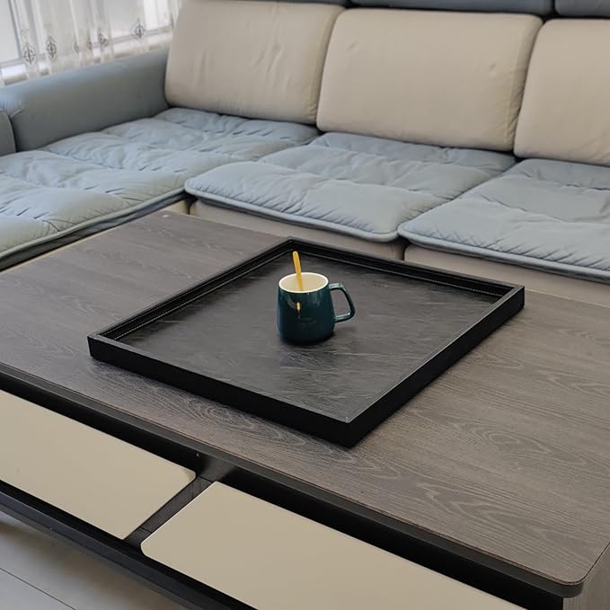 20 * 20 inches Luxury Leather Square Oversized Service Tray, Ottoman & Coffee Tray for Family Dinner, Out-of-House Picnic & Party (Black)