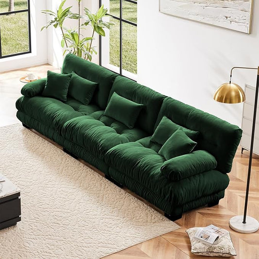 133.8" Oversized Couch, 3 Seater Modular Sectional Sofa, Green Large Sectional Couches for Living Room, Fluffy Chenille Fabric Cloud Couch with 5 Pillows, Deep Seat Sofas