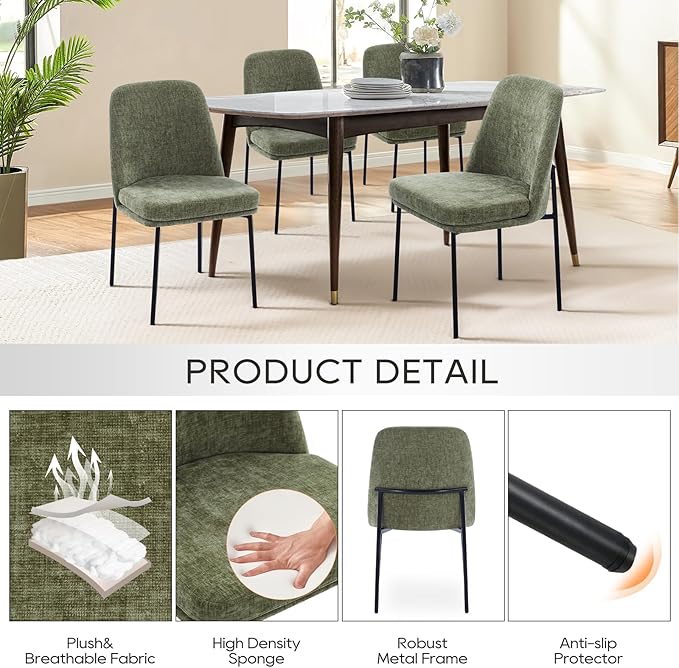 COLAMY Modern Dining Chairs Set of 2, Fabric Upholstered Dining Room Chairs Dinner Chair Stylish Kitchen Chairs with Curved Back and Metal Legs, Green