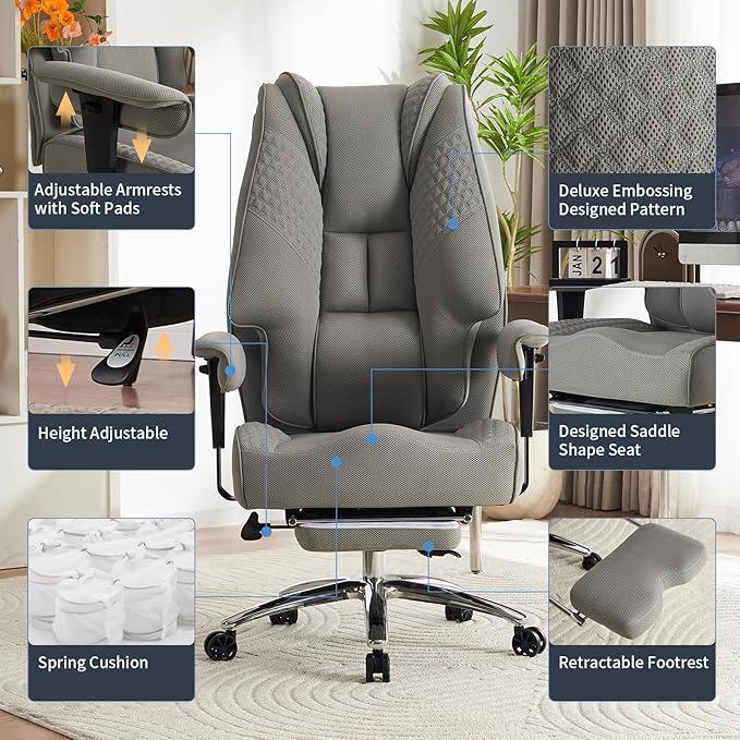 Big and Tall Office Chair with Footrest, PU Leather High Back Executive Office Chair 400lbs, Ergonomic Computer Chairs Lumbar Support for Heavy People (Mesh Grey)