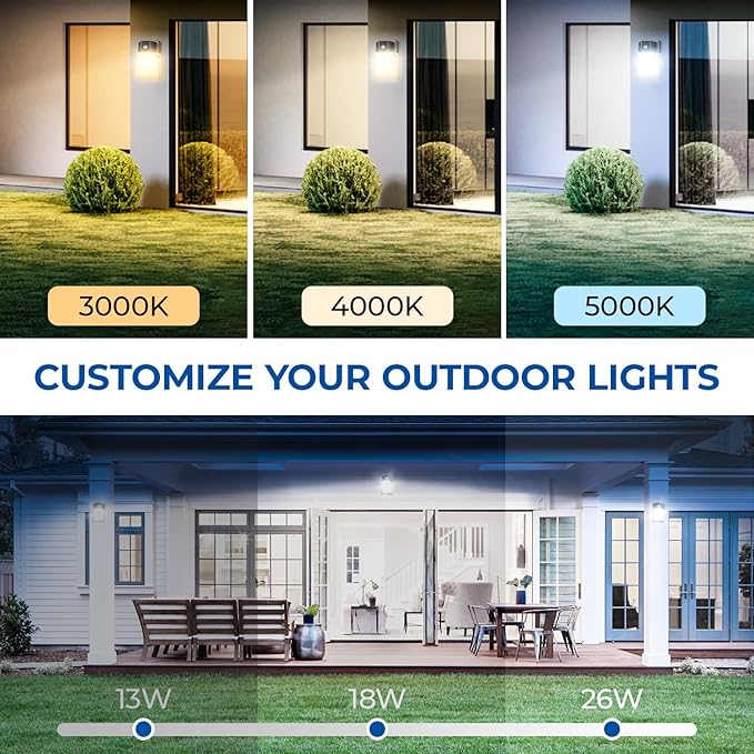 CINOTON 26W LED Wall Pack Light with Dusk to Dawn Sensor, 3CCT 3000K/4000K/5000K, 26W/18W/13W Switchable, [100-277Vac] IP65 Waterproof Outdoor Security Flood Lighting for Garage Warehouse 2 Pack