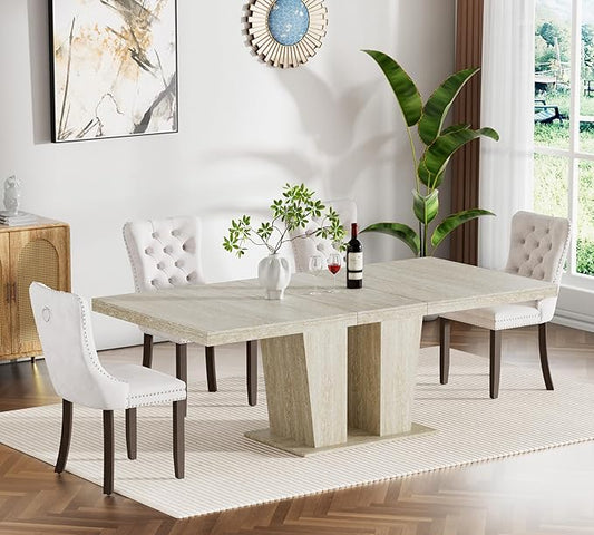 Goujxcy 5-Piece Extendable Dining Table Set for 4, 63-78 Inch Faux Travetine Kitchen Table Set with 4 Beige Upholstered Chairs Modern Wood Expandable Dining Room Table Set for Kitchen Apartment