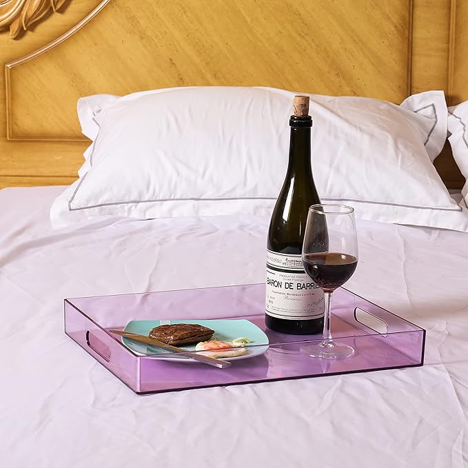 Sooyee Violet Clear Acrylic Serving Tray with Handles,16" x 12" Decorative Tray for Breakfast, Tea, Food, Butler,Coffee,Table Ottoman Vanity Countertop