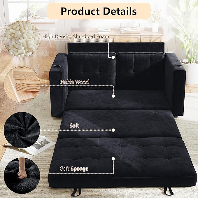WorthFurni Convertible Sofa Bed, Folding Sofa Bed 2 in1 Pull Out Loveseat Sleeper Sofa, Floor Sofa Bed for Small Spaces Folding Couch Bed with Pillows for Living Room Bedroom - Black
