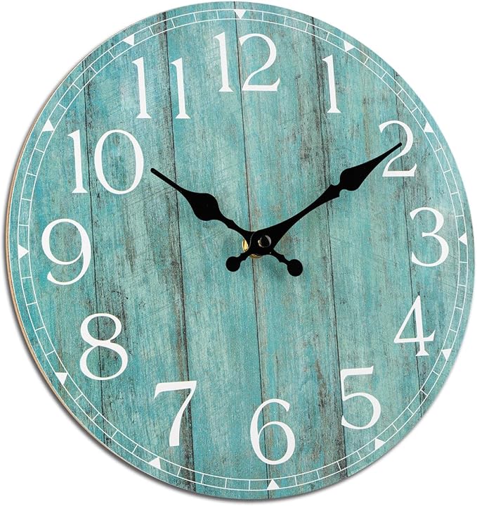 HYLANDA Wall Clock, 10 Inch Teal Silent Non-Ticking Kitchen Decor, Rustic Vintage Country Retro Decorative Clocks Battery Operated for Bathroom Bedroom Living Room Office(Aqua)
