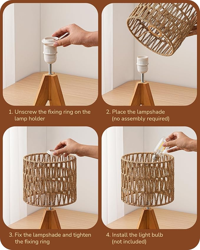 EDISHINE Small Table Lamp, Rattan Wood Tripod Bedside Lamp, Boho Nightstand Lamp for Living Room, End Table, Office, E26 Base, Natural Style