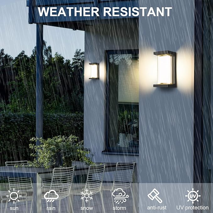 Juyace 18w Outdoor Porch Lights Exterior Lighting Fixtures Wall Mount Rectangular Modern Patio Sconces 1800Lm 3000k Aluminum Black IP65 for Garage House Front Door Entryway (2 Pack)