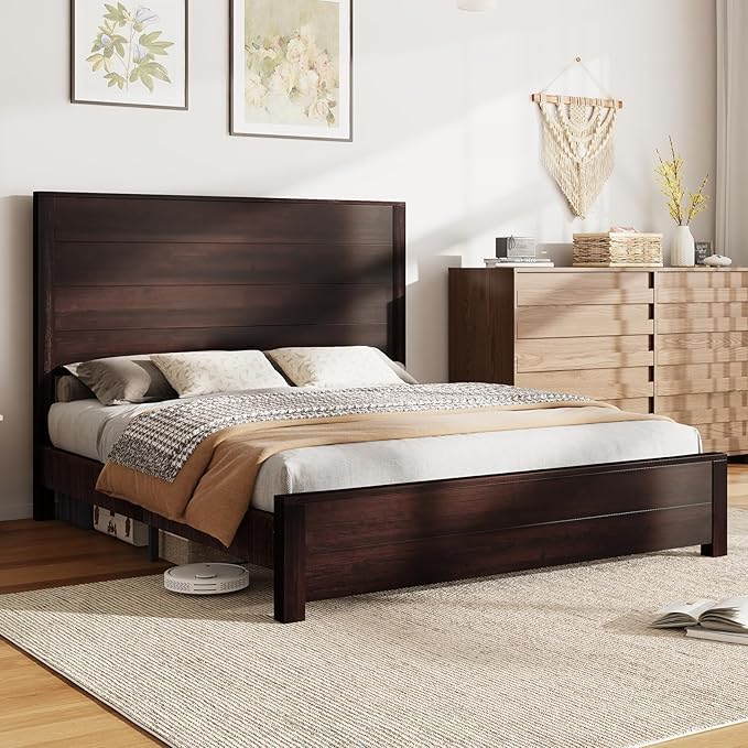 AMERLIFE Queen Size Bed Frame with 51.2" Spliced Headboard, Rustic Bedframe Wood Platform Bed/Wood Slats Support, No Box Spring Needed, Noiseless, Dark Brown