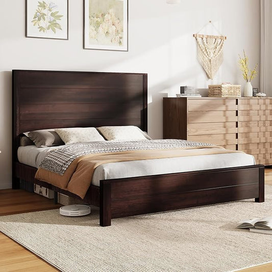 AMERLIFE Full Size 51.2" Wood Bed Frame, Rustic Platform Bed with Spliced Headboard, Wood Slats Support/Noiseless/No Box Spring Needed/Dark Brown