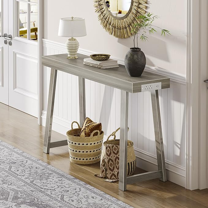 Huuger Entryway Console Table with Charging Station, USB-C Port, 47.2 Inch Sofa Table with Metal Legs, Entry Hallway Table with Thicker Desktop, Modern Behind Couch Table, Grey