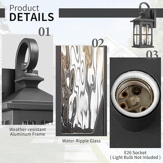 Darkaway Outdoor Light Fixtures Wall Mount, Outside Wall Lights Exterior Lighting Fixture with Water Ripple Glass Outdoor Wall Sconce for House Porch Hallway Garage Front Door