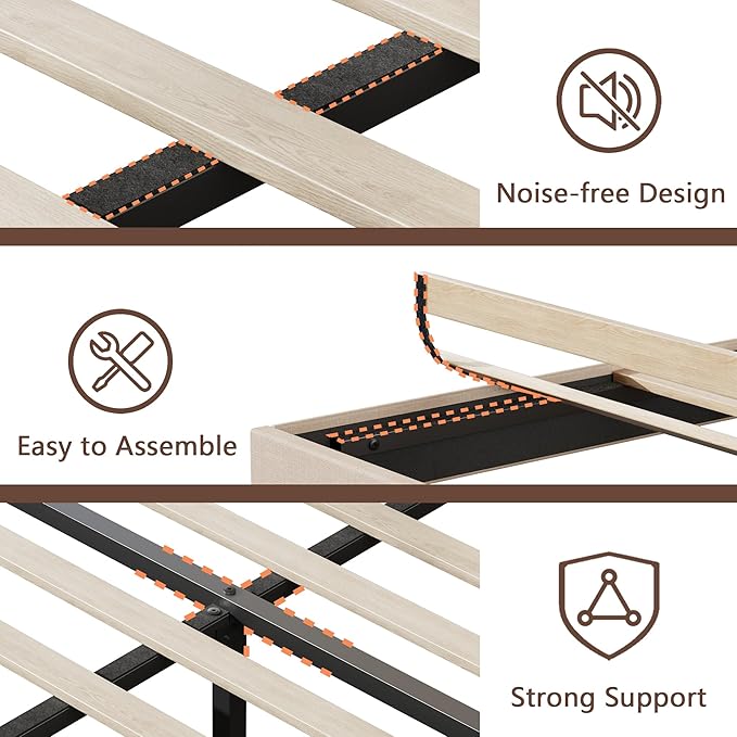 Queen Size Bed Frames with Upholstered Headboard, Modern Platform Bed with Charging Station and Led Lights, Bed Frame with Sturdy Wooden Slats/No Box Spring Needed/2-Tier Storage, Beige