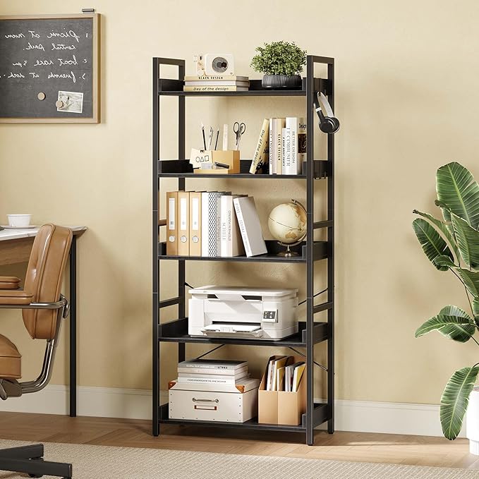 Rolanstar Bookshelf 5 Tier with 4 Hooks, Industrial Wood Bookcase, Vintage Storage Rack with Open Shelves, Rustic Standing Bookshelves Wood Frame Display Rack for Living Room, Bedroom, Black