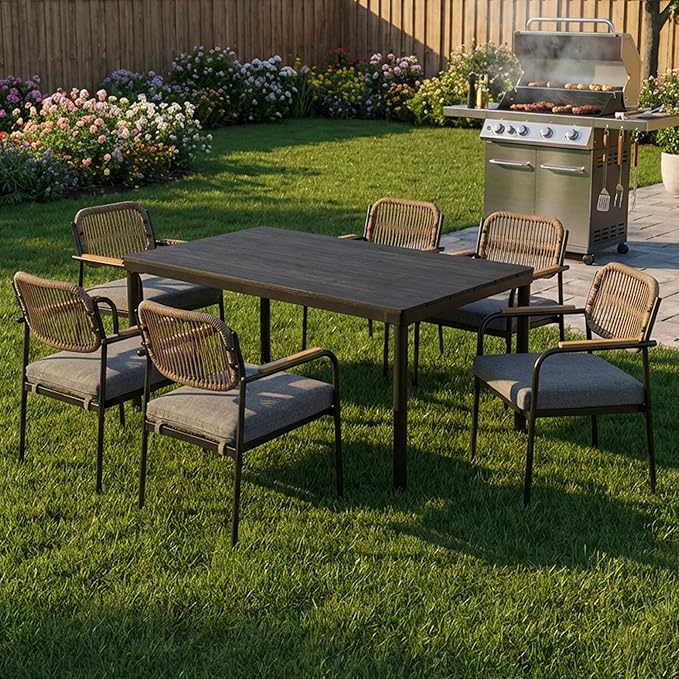 Outdoor Dining Chairs Set of 6, Wicker Patio Dining Chairs with Removable Cushions, Rectangle Patio Table Chair, All Weather Outdoor Chairs, Metal Lawn Chair for Adults/Indoor/Balcony, Gray