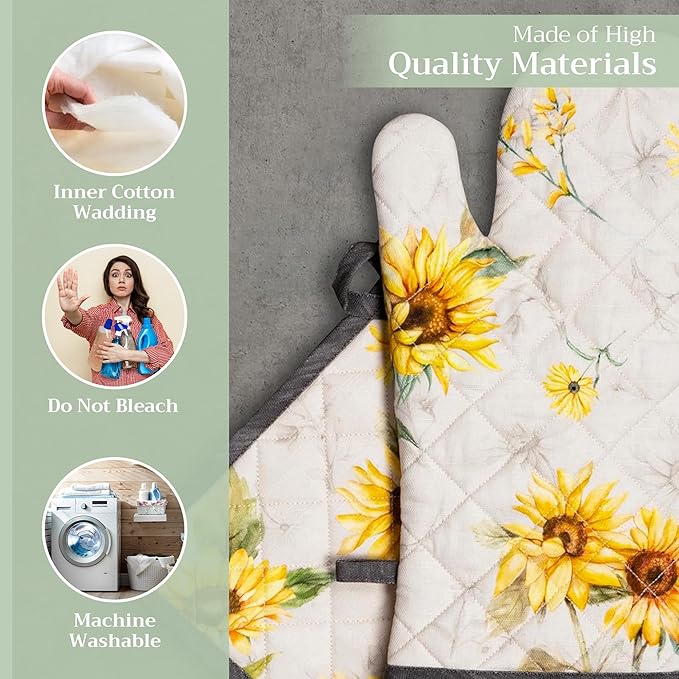 Maison d' Hermine 100% Cotton Oven Mitt & Pot Holder Set (7.5"x13" & 8"x8") Heat Resistant BBQ Cooking Gloves with Loop, Baking, Grilling, Kitchen, Handling Hot Pans Spring/Summer (Candice)