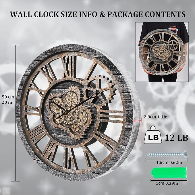 HOIBAI Wall Clock, Large Wall Clocks for Living Room Decor 18 Inch Battery Operated Silent Non-Ticking Modern Farmhouse Vintage Roman Big Wall Clock for Home Bedroom House Office, Moving Gears Clock