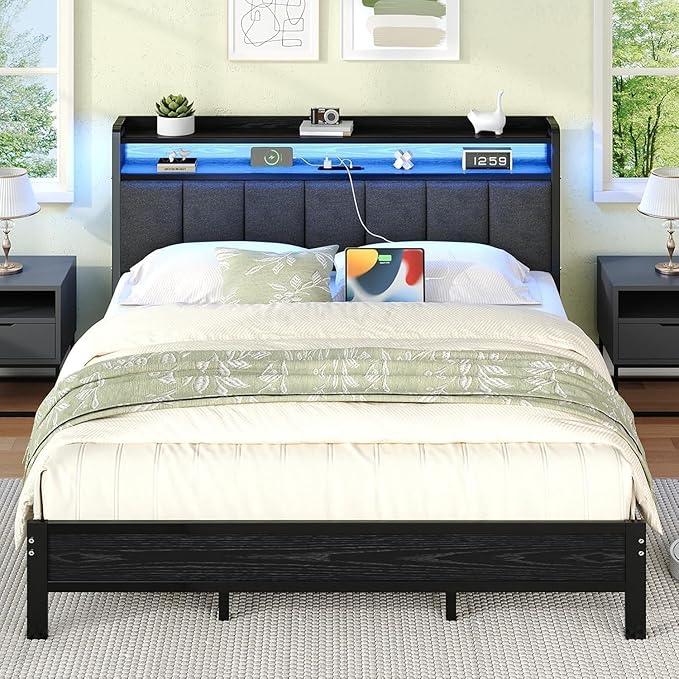 King Bed Frame with LED Lights and Charging Station, Metal Platform Bed Frame King with Upholstered Storage Headboard, Heavy Duty Metal Slats, No Box Spring Needed, Easy Assembly, Dark Grey