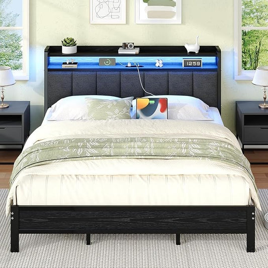 King Bed Frame with LED Lights and Charging Station, Metal Platform Bed Frame King with Upholstered Storage Headboard, Heavy Duty Metal Slats, No Box Spring Needed, Easy Assembly, Dark Grey