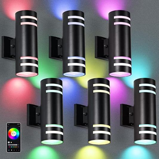 RGB Up and Down Lights Outdoor Wall Lights 6 Packs, Smart Color Changing Outdoor Wall Sconce WiFi Voice & App Control,Aluminum Waterproof Exterior Lights for Porch Compatible with Alexa