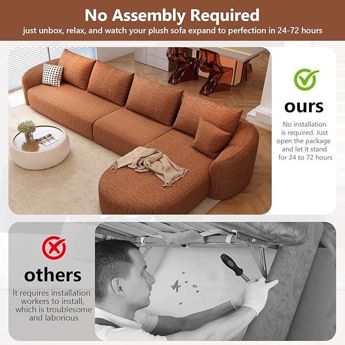 138.6" Modular Sectional Couches Luxury Modern Curved Back Sofa,Minimalist Comfy L-Shape Boneless Cloud Couch for Living Room Apartment,(Right Facing Chaise,Orange)