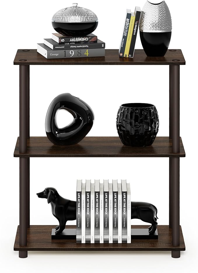 Furinno TURN-N-TUBE Storage Shelves, 3-Tier Book Shelf, Corner Shelf, Toolless Open Shelves, for Organization and Storage, Living Room, Garage, Home Office, Walnut