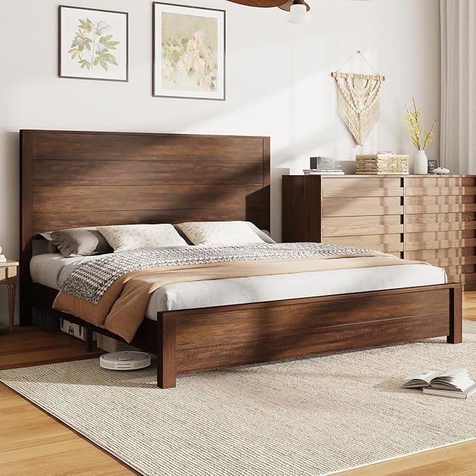 AMERLIFE King Size 51.2" Wood Bed Frame, Rustic Platform Bed with Spliced Headboard, Wood Slats Support/Noiseless/Reclaimed Barnwood//No Box Spring Needed