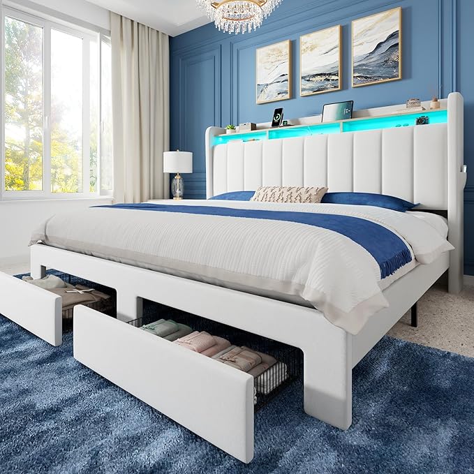 Allewie Velvet Vertical Tufted King Size Upholstered Platform Bed Frame with 2-Tier LED Storage Headboard & 2 Storage Drawers, USB & Type-C Charging Ports, Noise-Free/No Box Spring Needed, White