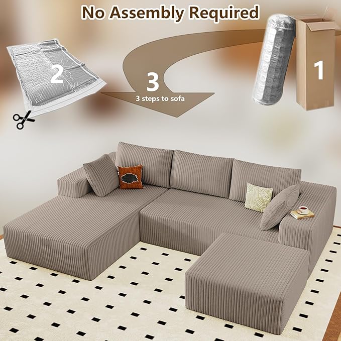 96" U-Shape Cloud Couch, Modern Modular Sectional L-Shape Sofa with Ottoman, Corduroy Upholstered Couches Deep Seat Chaise Longue for Living Room, No Assembly Required(Camel, Left Facing)