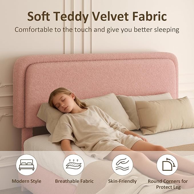 Queen Bed Frame, Teddy Velvet Boucle Bed Frame with 43.3"/45.3" Adjustable Upholstered Headboard, Rounded Corners, Mattress Foundation, No Box Spring Required, Pink